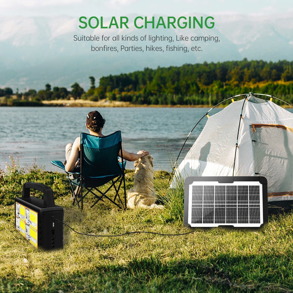 Showing Applications of 100W Solar Camping Flashlight and Power Bank – USB Rechargeable.