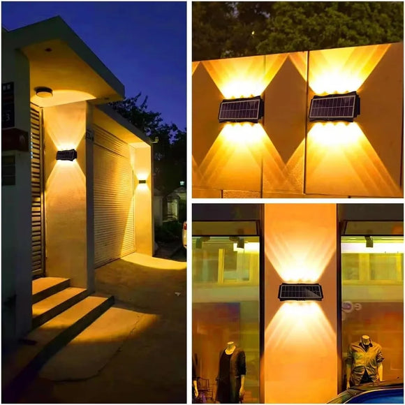 Solar Wall Lamp, Up & Down LED Light, Outdoor Waterproof Colour Changing Light illuminating a house exterior and interior at night.
