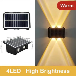 Solar Wall Lamp, Up & Down LED Light, Outdoor Waterproof Colour Changing Light illuminating a house exterior and interior at night.