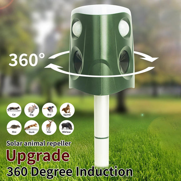 Solar Ultrasonic Animal Repeller | 360° PIR Motion Sensor | Waterproof for Outdoor Garden & Yard