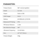 Solar Ultrasonic Animal Repellent showing product specifications 