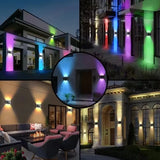 Solar Wall Lamp, Up & Down LED Light, showing outdoor building facades with colorful wall lights.